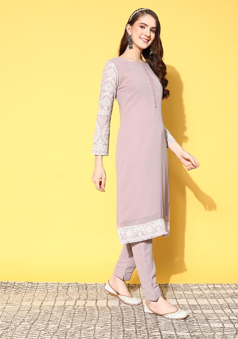 Lavender Zari Embroidered Georgette Kurta Set