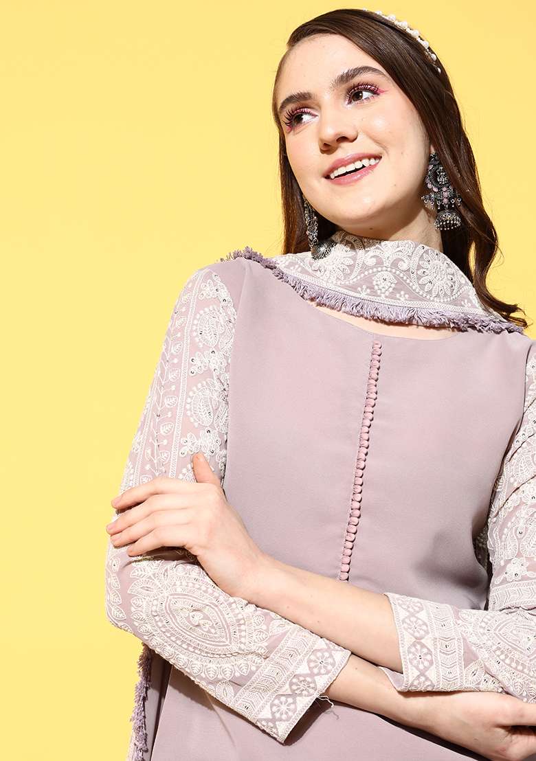 Lavender Embroidered Georgette Straight Kurta Set - Indya