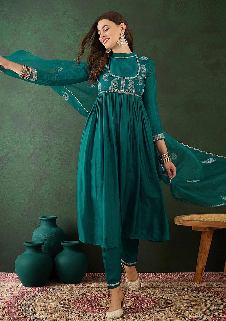 Rama Green Zari Embroidered Bitaliyan Kurta Set