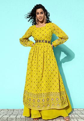 Lemon Green Zari Embroidered Georgette Kurta Set