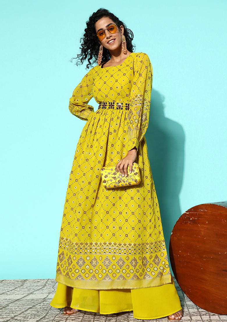 Lemon Green Zari Embroidered Georgette Kurta Set
