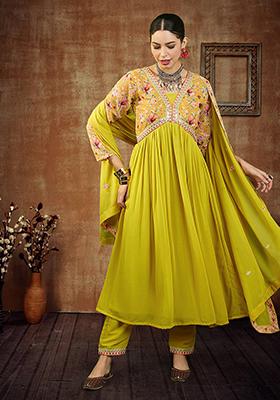 Yellow Zari Embroidered Georgette Kurta Set