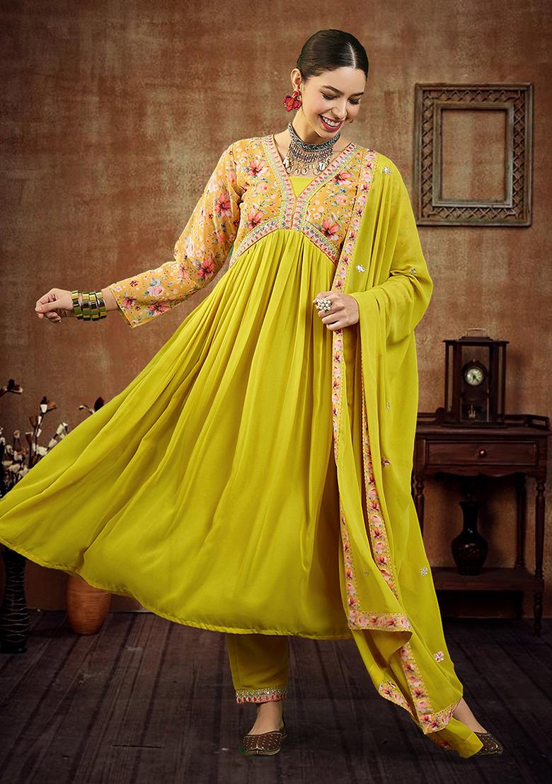 Yellow Zari Embroidered Georgette Kurta Set