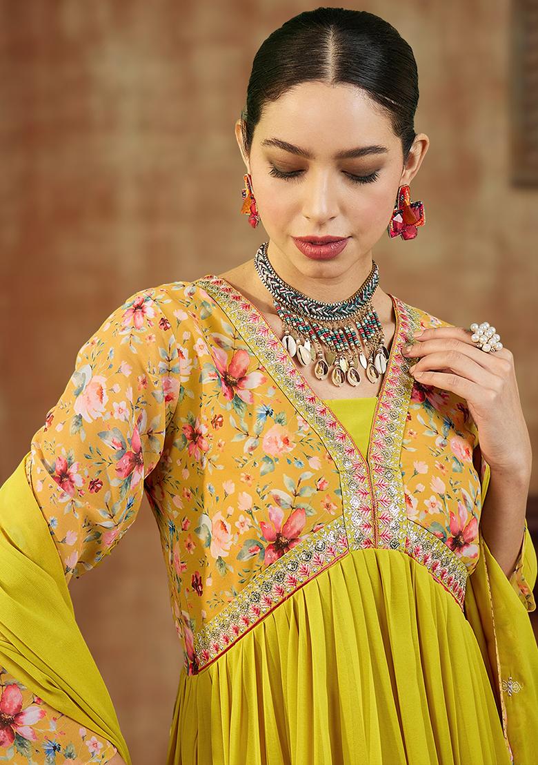 Yellow Zari Embroidered Georgette Kurta Set