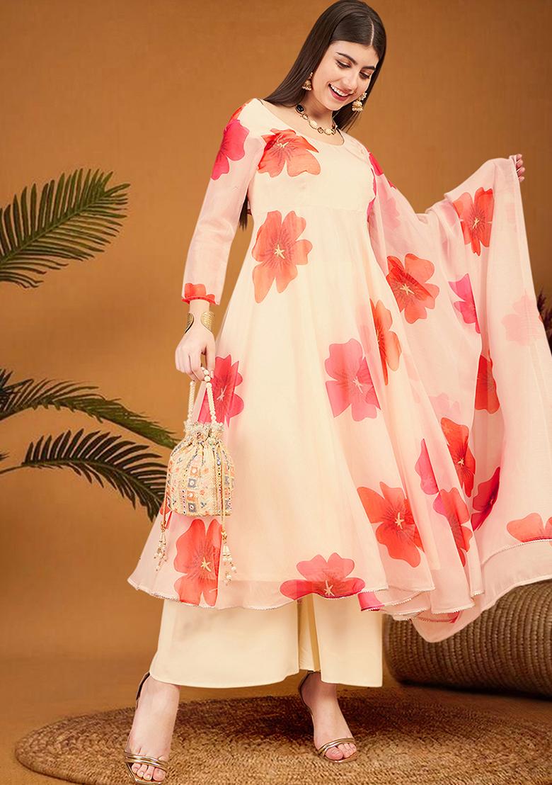 Off White Zari Embroidered Polyester Organza Kurta Set