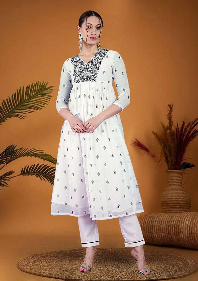 White Embroidered Georgette Anarkali Set - Indya