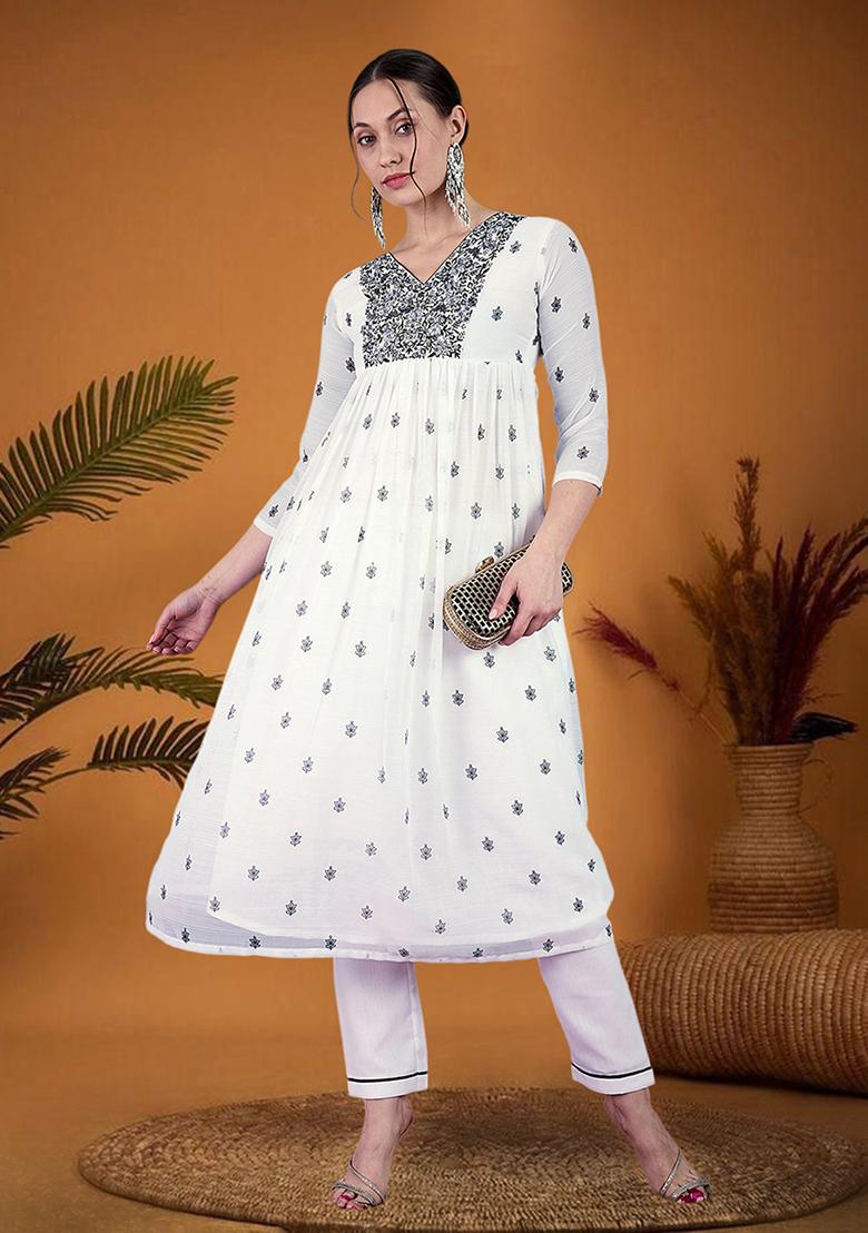 White Zari Embroidered Georgette Kurta Set