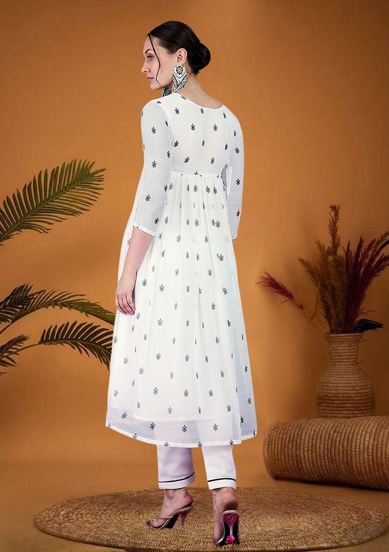 White Embroidered Georgette Anarkali Set - Indya