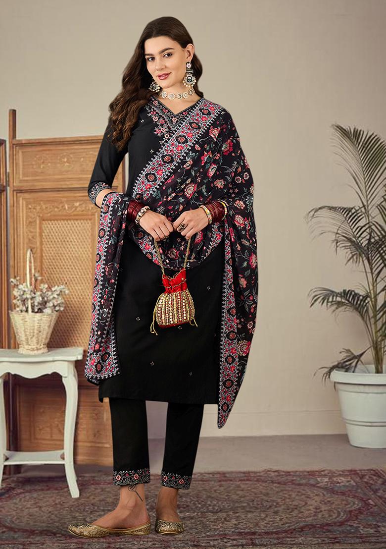 Black Zari Embroidered Roman Silk Kurta Set