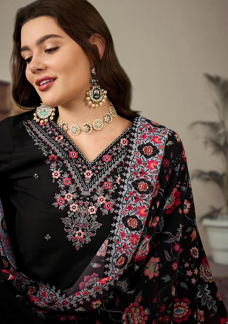 Black Zari Embroidered Roman Silk Kurta Set