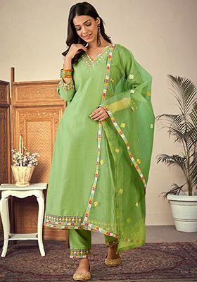 Pista Green Zari Embroidered Bitaliyan Kurta Set