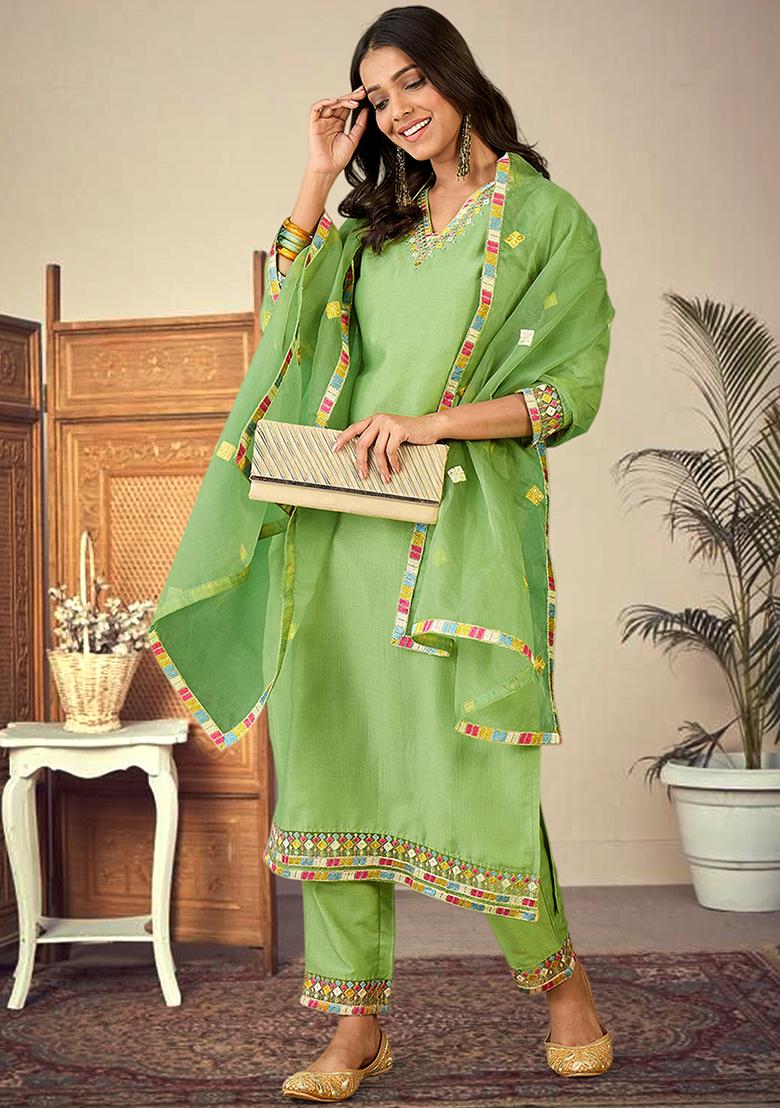 Pista Green Zari Embroidered Bitaliyan Kurta Set