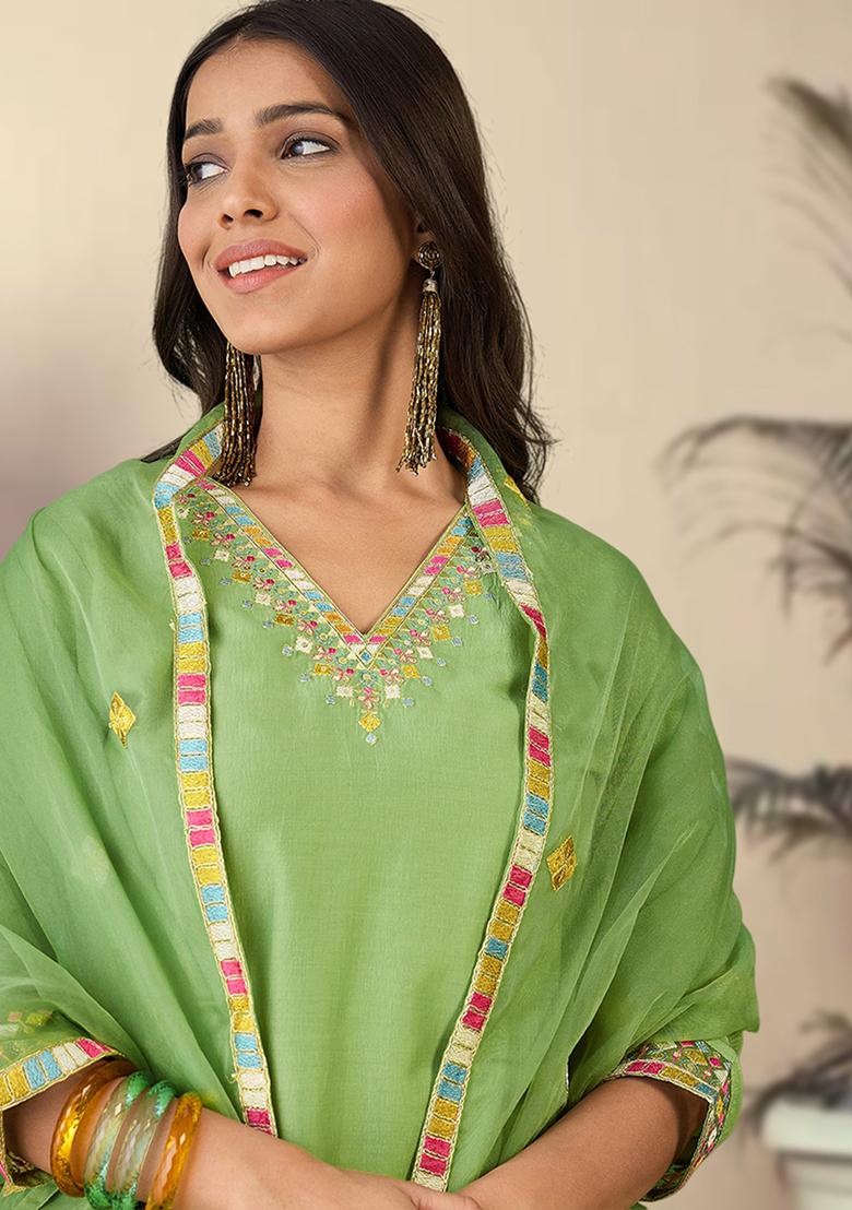 Pista Green Zari Embroidered Bitaliyan Kurta Set