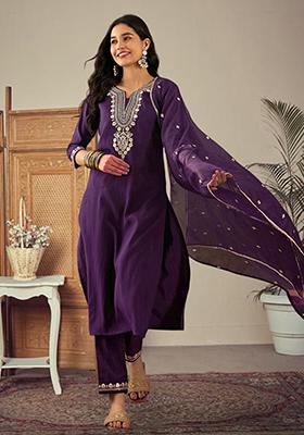 Magenta Zari Embroidered Roman Silk Kurta Set