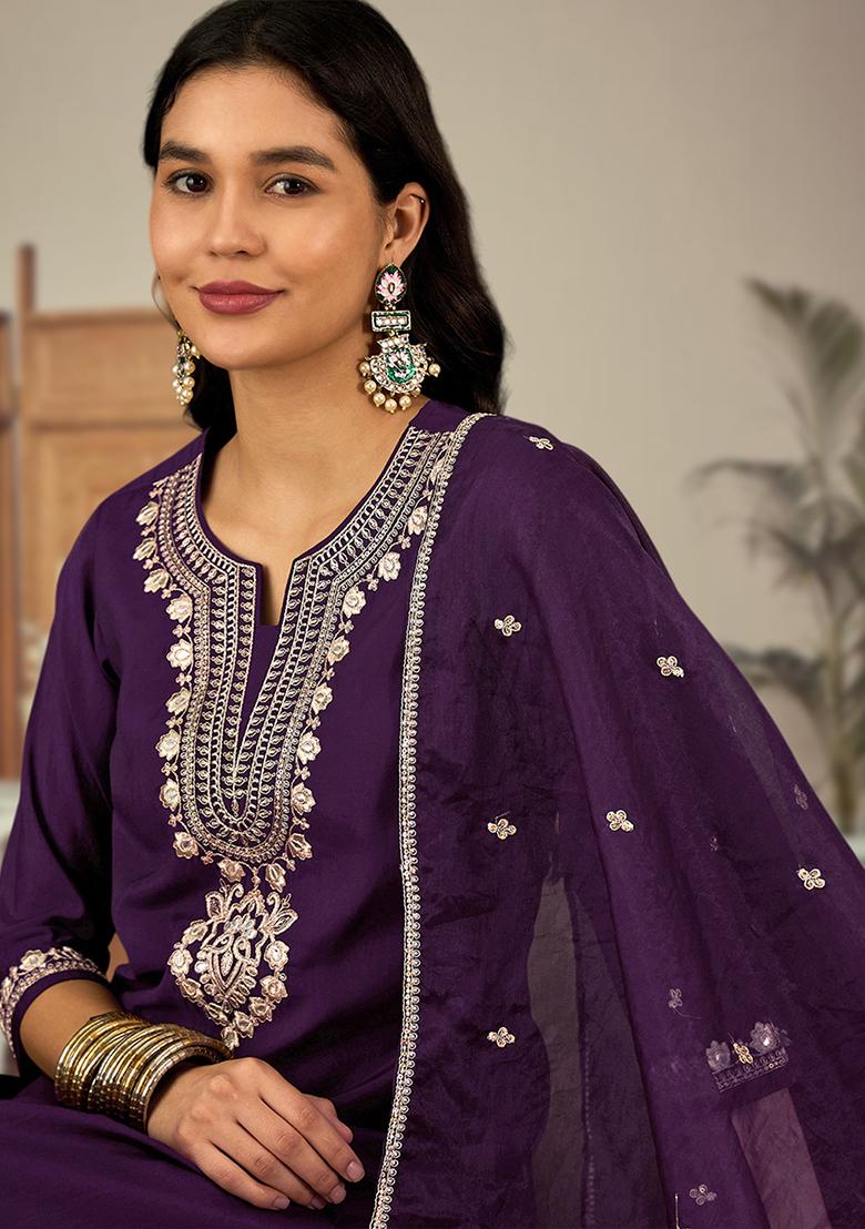 Magenta Zari Embroidered Roman Silk Kurta Set