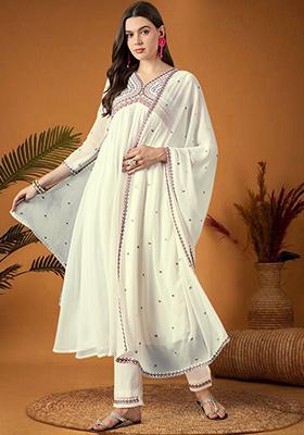 White Zari Embroidered Georgette Kurta Set