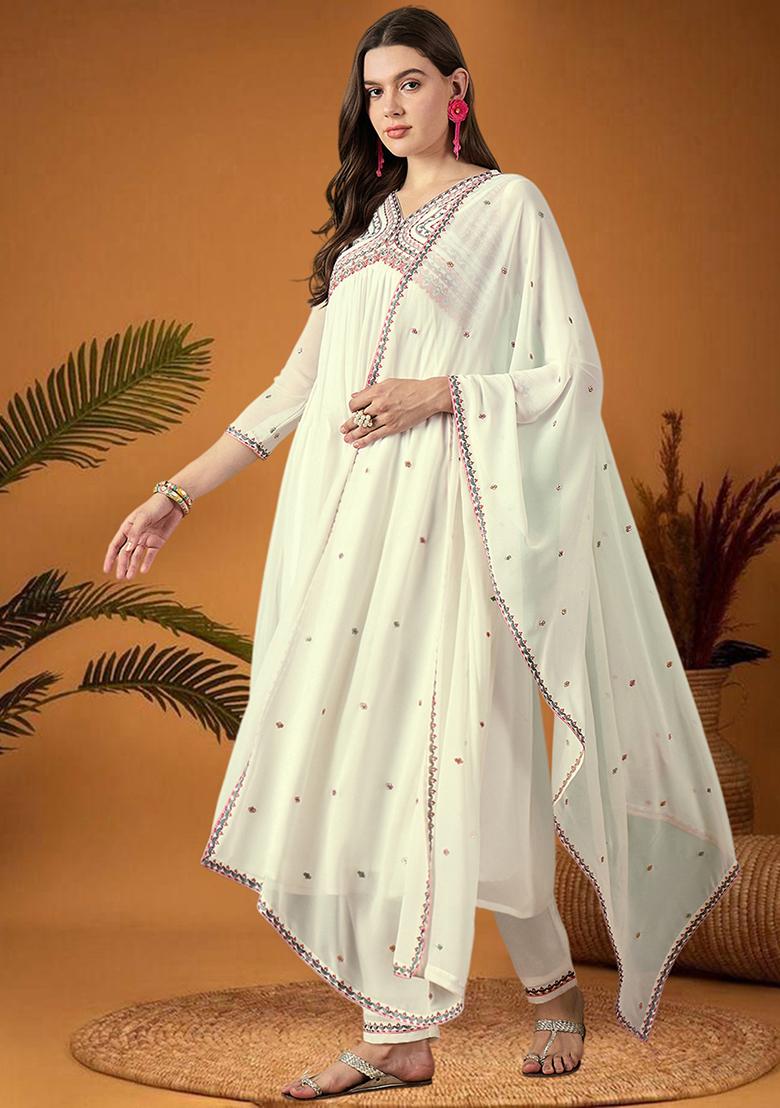 White Zari Embroidered Georgette Kurta Set