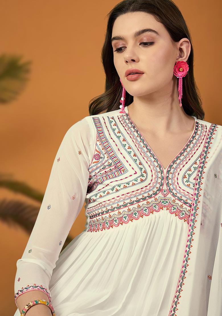 White Zari Embroidered Georgette Kurta Set