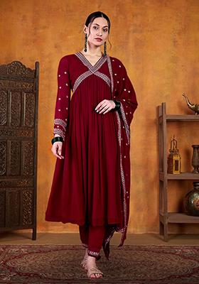 Burgundy Zari Embroidered Georgette Kurta Set