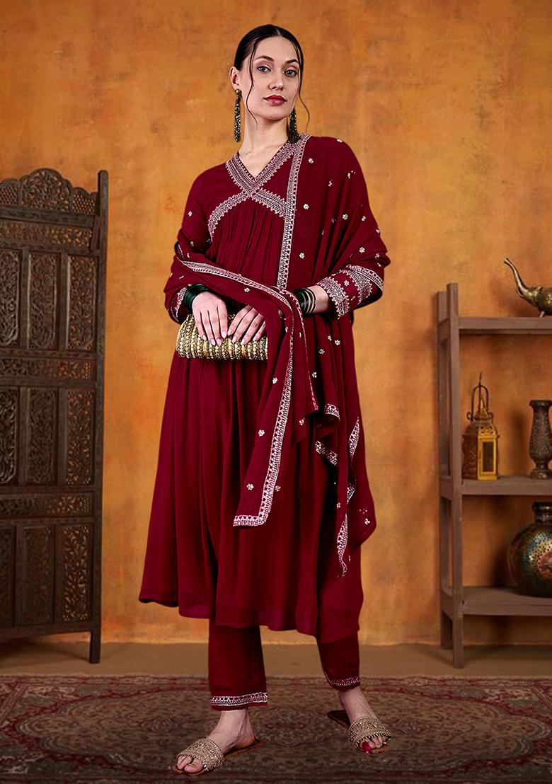 Burgundy Zari Embroidered Georgette Kurta Set
