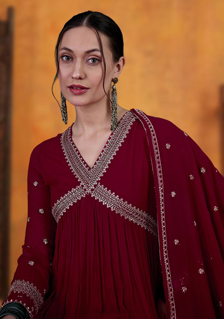 Burgundy Zari Embroidered Georgette Kurta Set