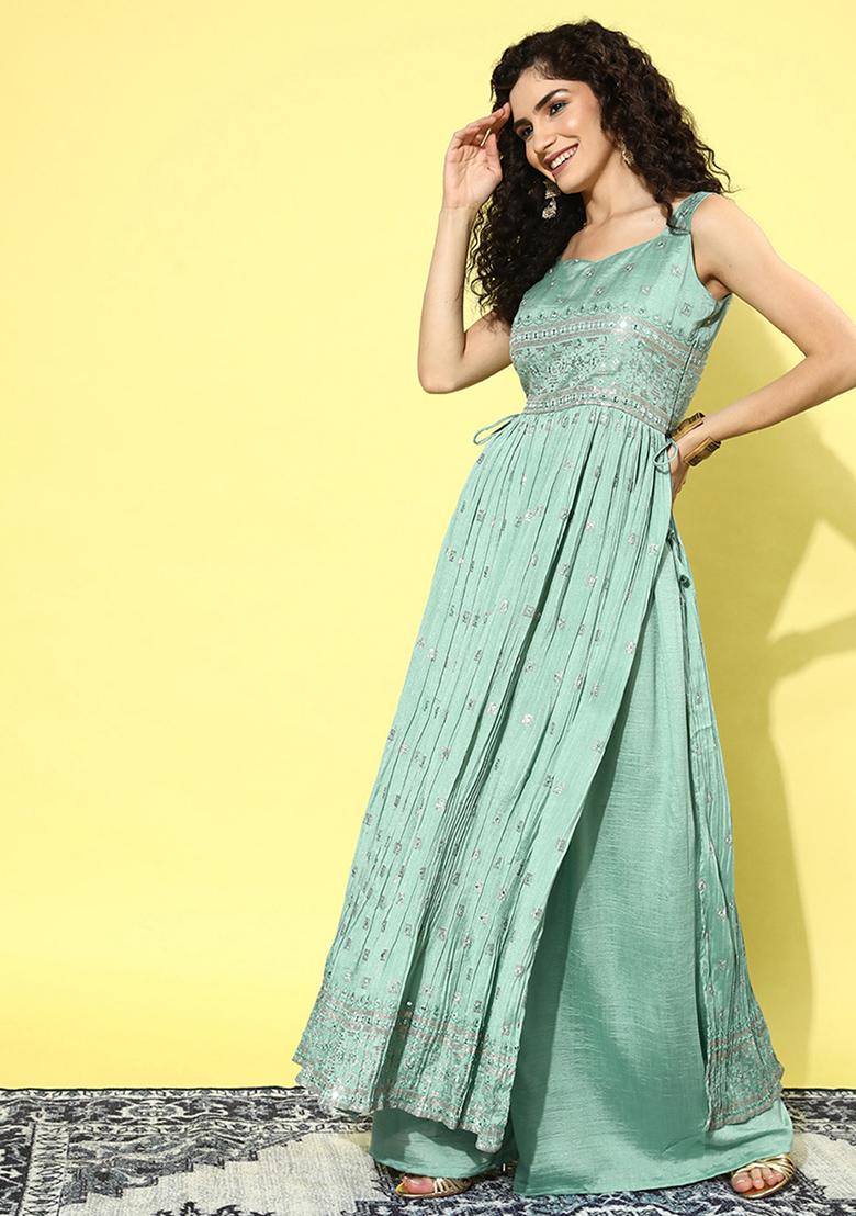 Sky Blue Zari Embroidered Silk Blend Kurta Set