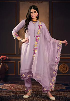 Lavender Zari Embroidered Silk Blend Kurta Set