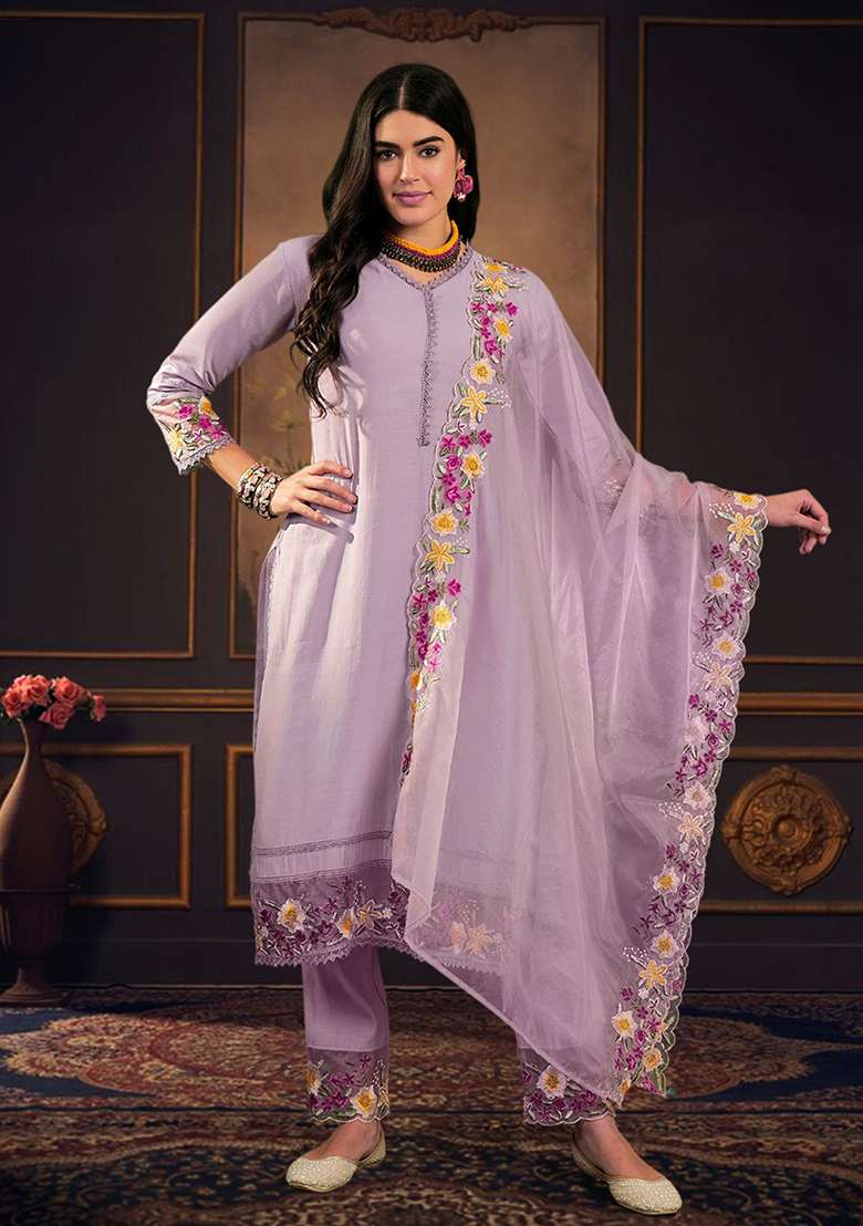 Lavender Embroidered Silk Straight Kurta Set - Indya