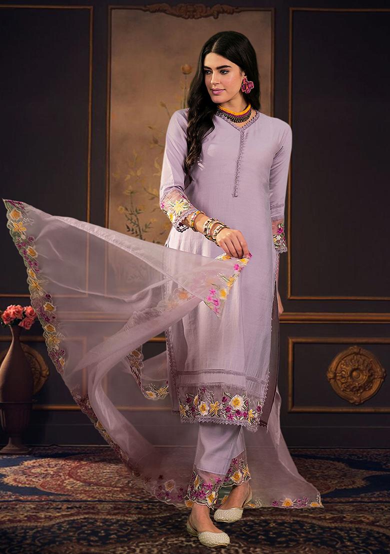 Lavender Zari Embroidered Silk Blend Kurta Set