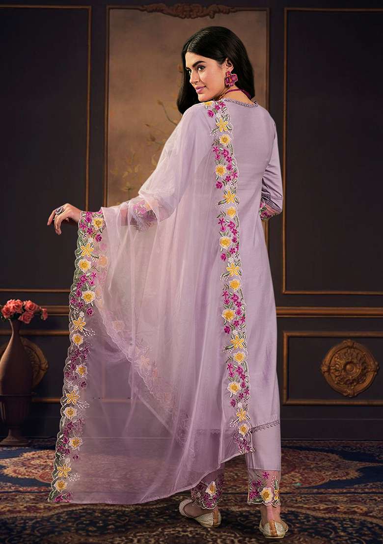 Lavender Embroidered Silk Straight Kurta Set - Indya