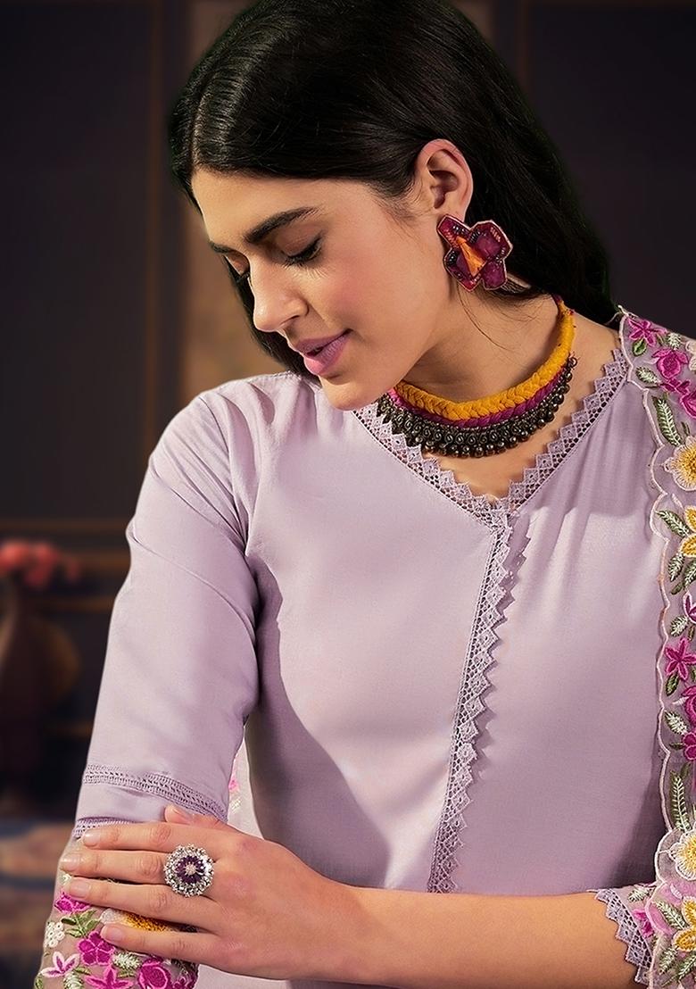 Lavender Zari Embroidered Silk Blend Kurta Set