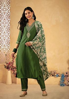 Mehendi Zari Embroidered Roman Silk Kurta Set
