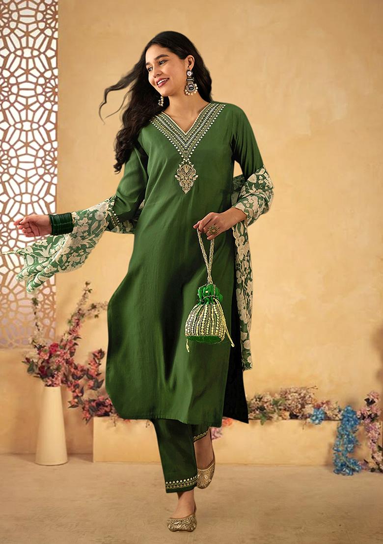 Mehendi Zari Embroidered Roman Silk Kurta Set