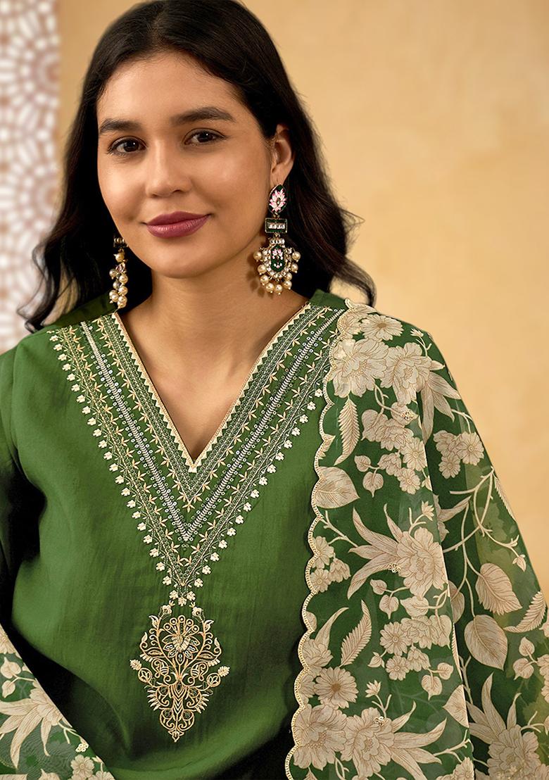 Mehendi Zari Embroidered Roman Silk Kurta Set