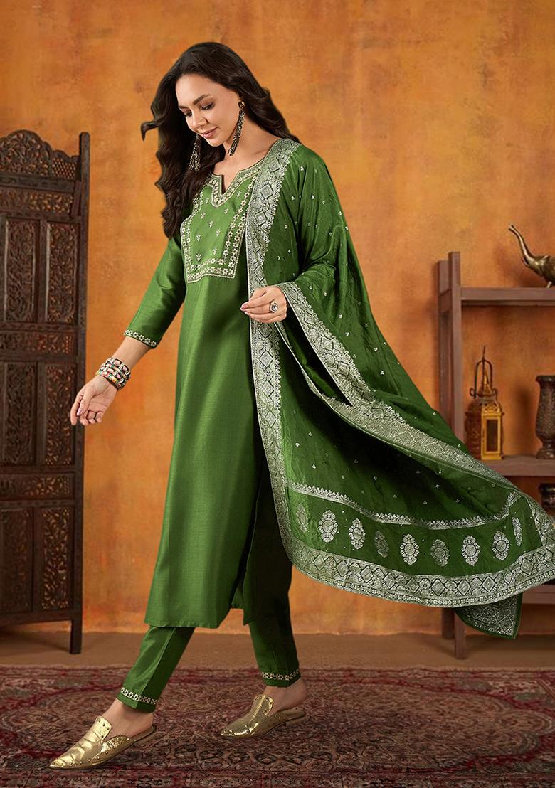Green Zari Embroidered Bitaliyan Kurta Set