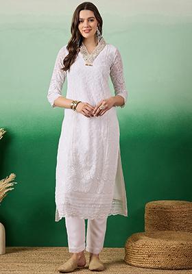 White Zari Embroidered Georgette Kurta Set