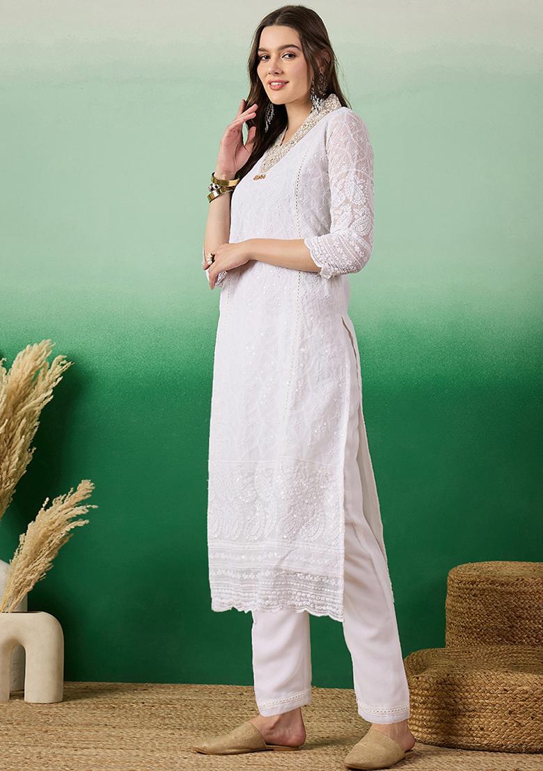 White Zari Embroidered Georgette Kurta Set
