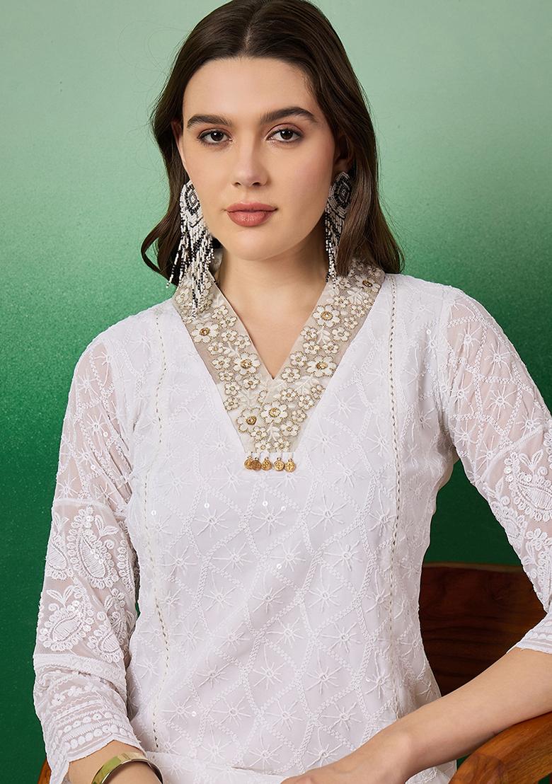 White Zari Embroidered Georgette Kurta Set