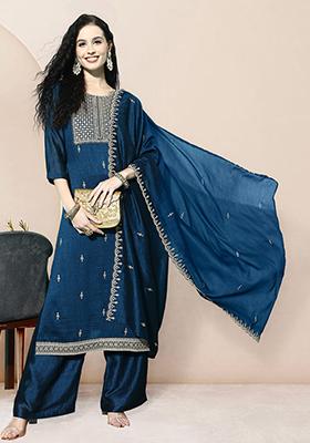 Blue Zari Embroidered Chinon Silk Kurta Set
