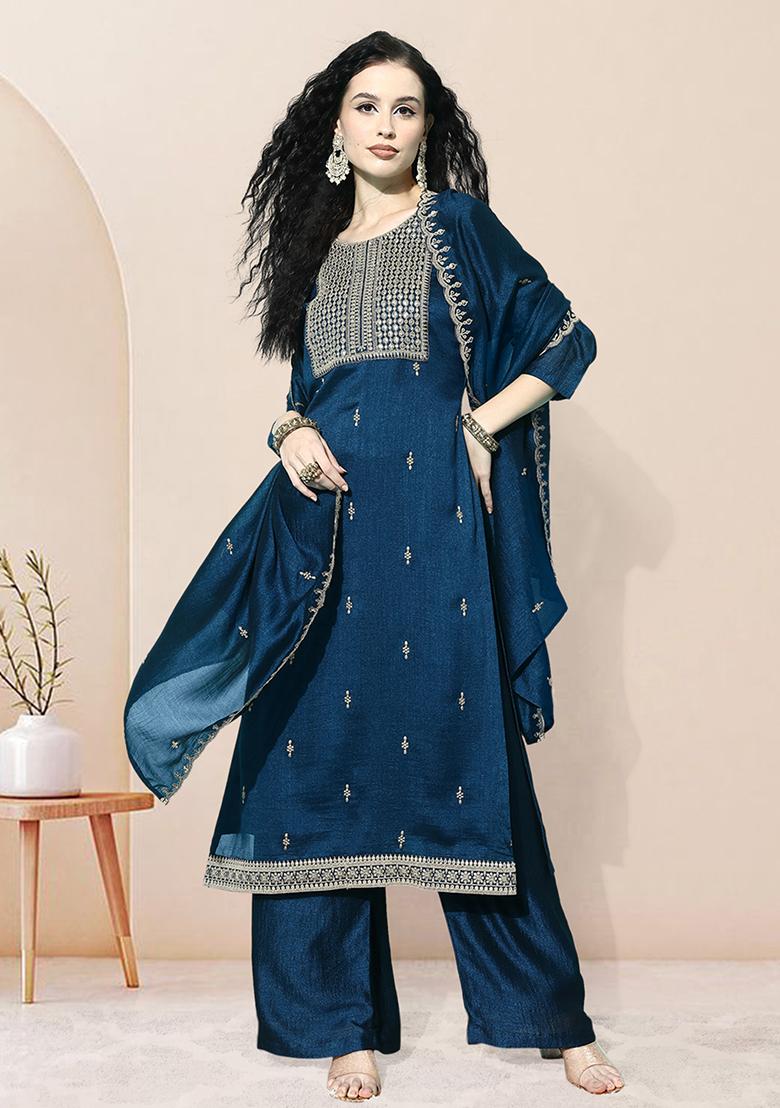 Blue Zari Embroidered Chinon Silk Kurta Set