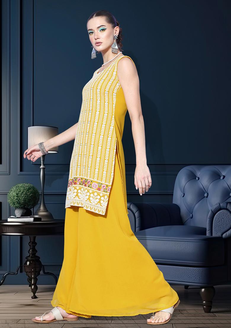 Yellow Zari Embroidered Georgette Kurta Set