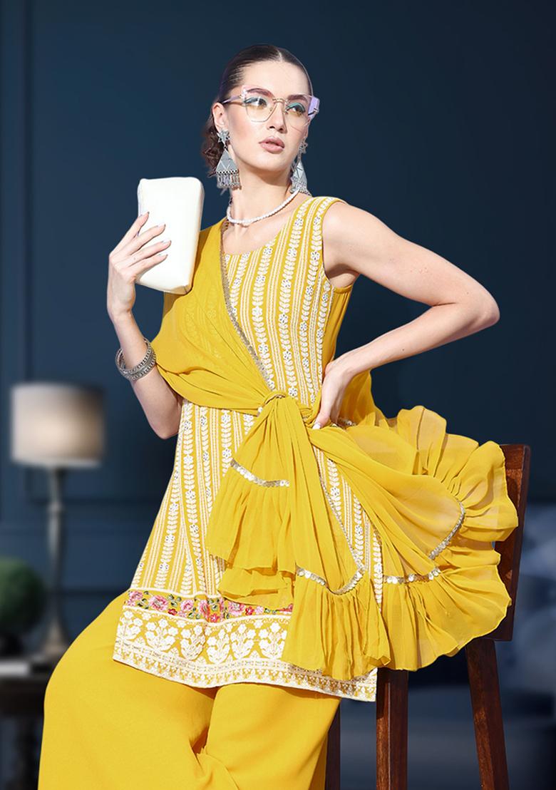 Yellow Zari Embroidered Georgette Kurta Set