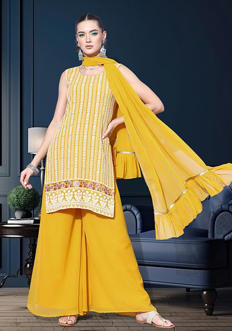 Yellow Printed Georgette Sharara Set