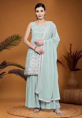 Grey Zari Embroidered Georgette Kurta Set