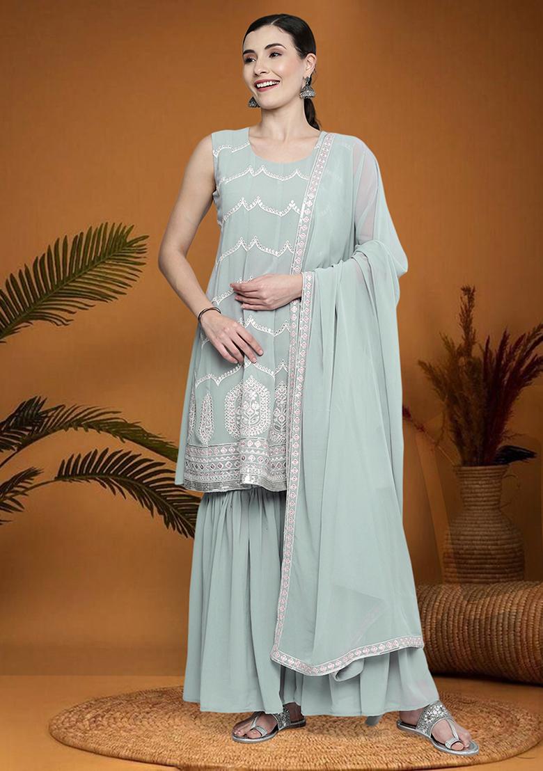 Grey Zari Embroidered Georgette Kurta Set