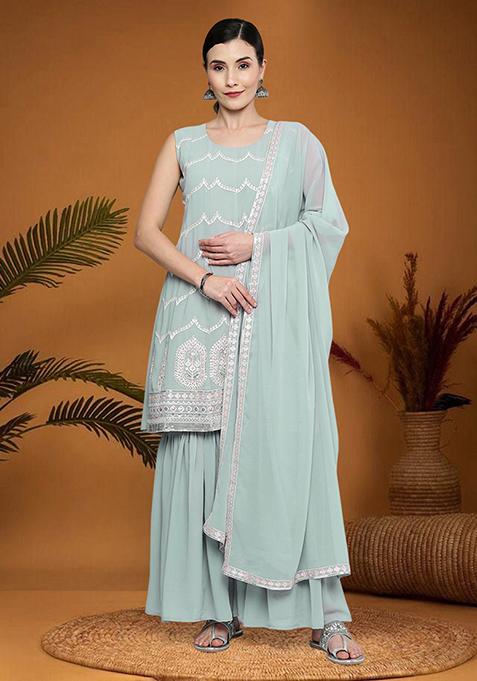 Grey Embroidered Georgette Sharara Set