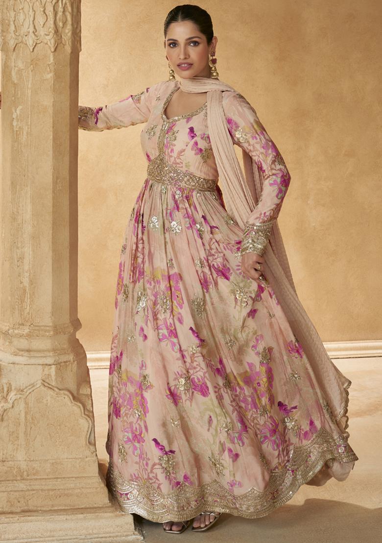 Cream Sequin Embroidered Georgette Kurta With Dupatta