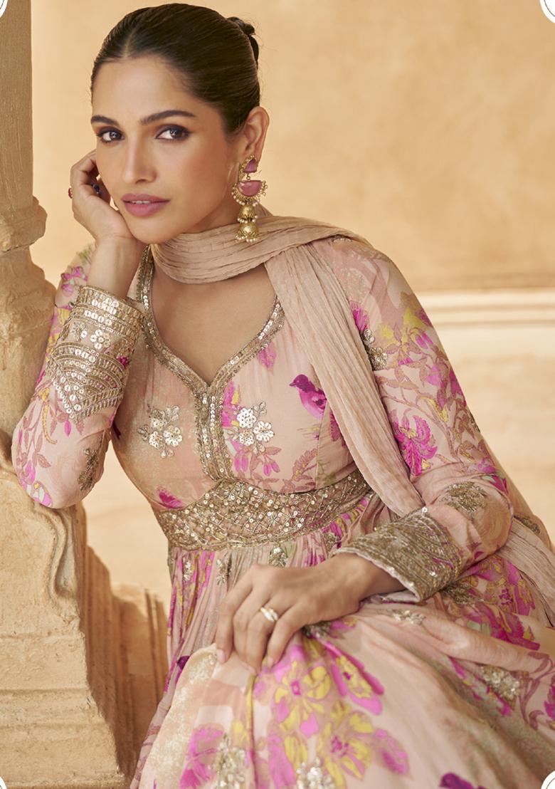 Cream Sequin Embroidered Georgette Kurta With Dupatta