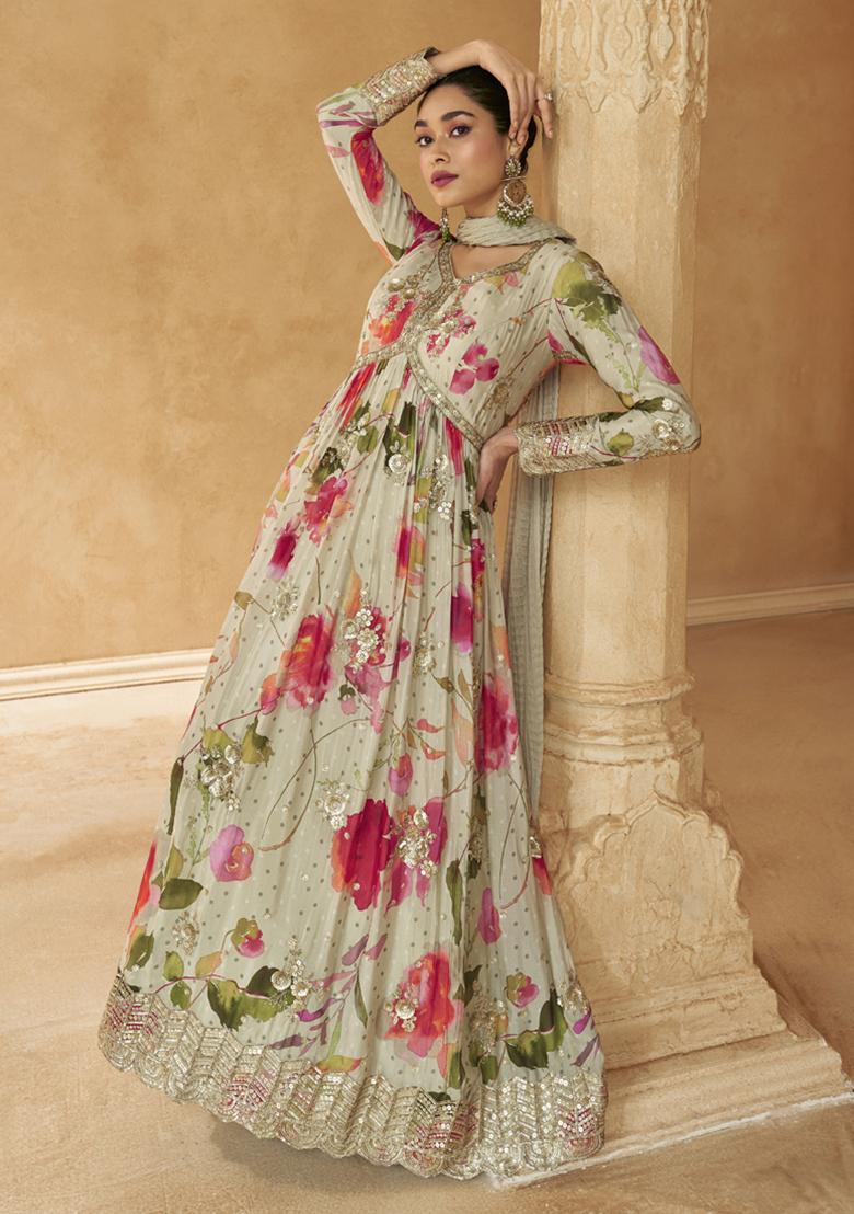 Off White Sequin Embroidered Georgette Kurta With Dupatta