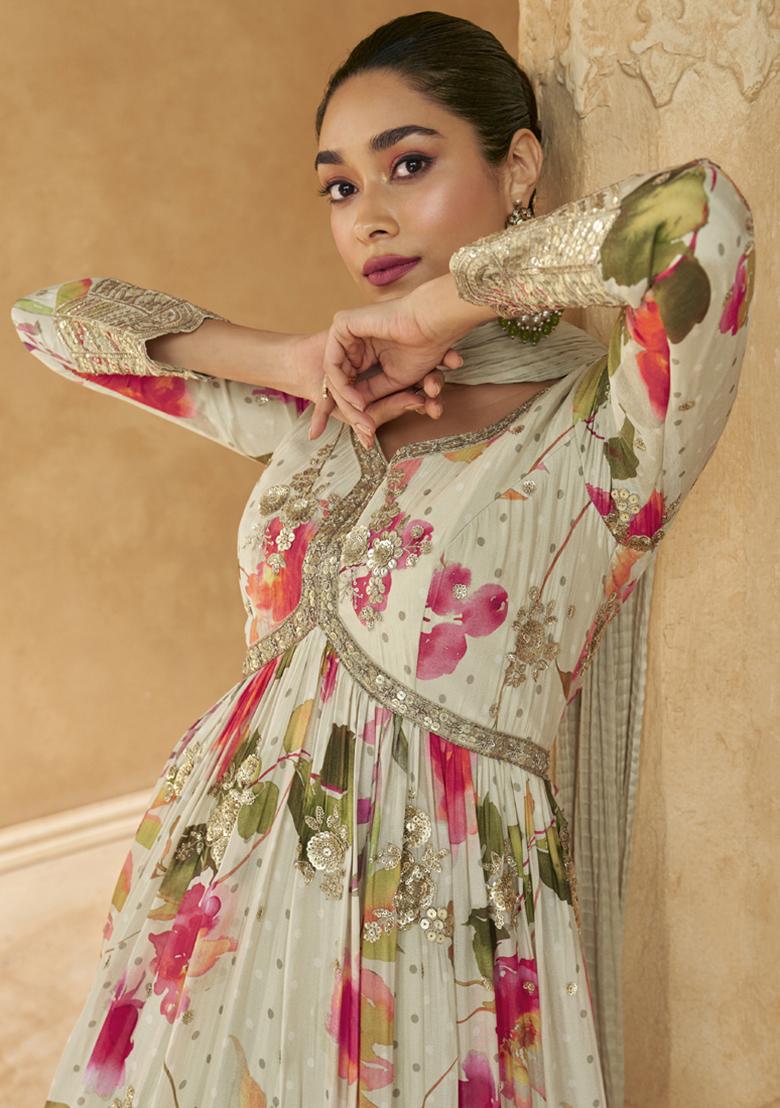 Off White Sequin Embroidered Georgette Kurta With Dupatta